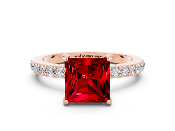 Rose gold Princess Cut Ruby Solitaire Engagement Ring with Pavé Band and Four-Prong Setting