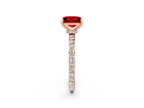 Rose gold Princess Cut Ruby Solitaire Engagement Ring with Pavé Band and Four-Prong Setting