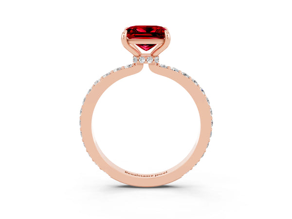 Rose gold Princess Cut Ruby Solitaire Engagement Ring with Pavé Band and Four-Prong Setting