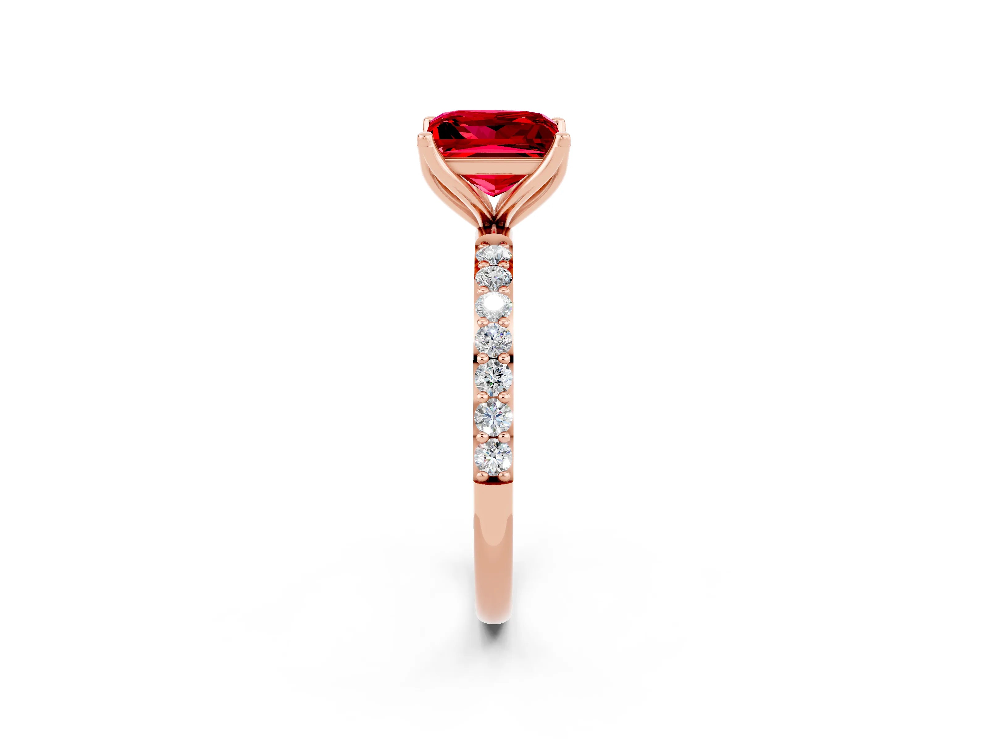 Rose gold Princess Cut Ruby Solitaire Engagement Ring with Pavé Band and Prong Setting_2