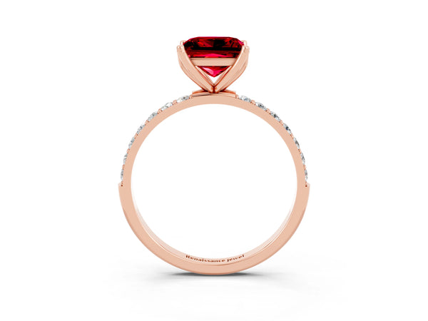 Rose gold Princess Cut Ruby Solitaire Engagement Ring with Round  Pavé Band and Prong Setting
