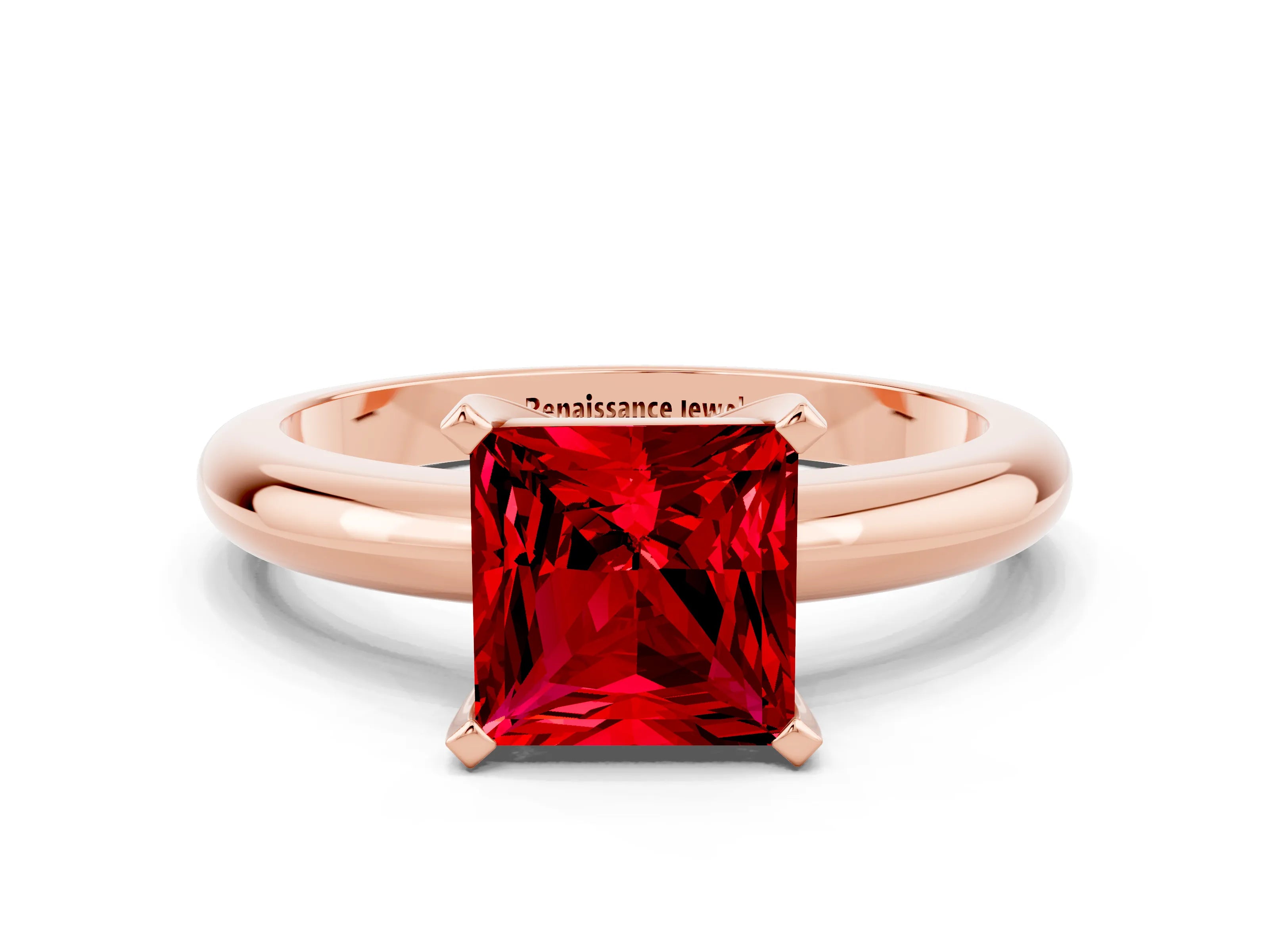 Rose gold Princess Cut Ruby Solitaire Engagement Ring with Round Band and Four-Prong Setting