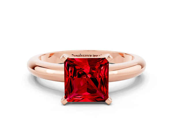 Rose gold Princess Cut Ruby Solitaire Engagement Ring with Round Band and Four-Prong Setting