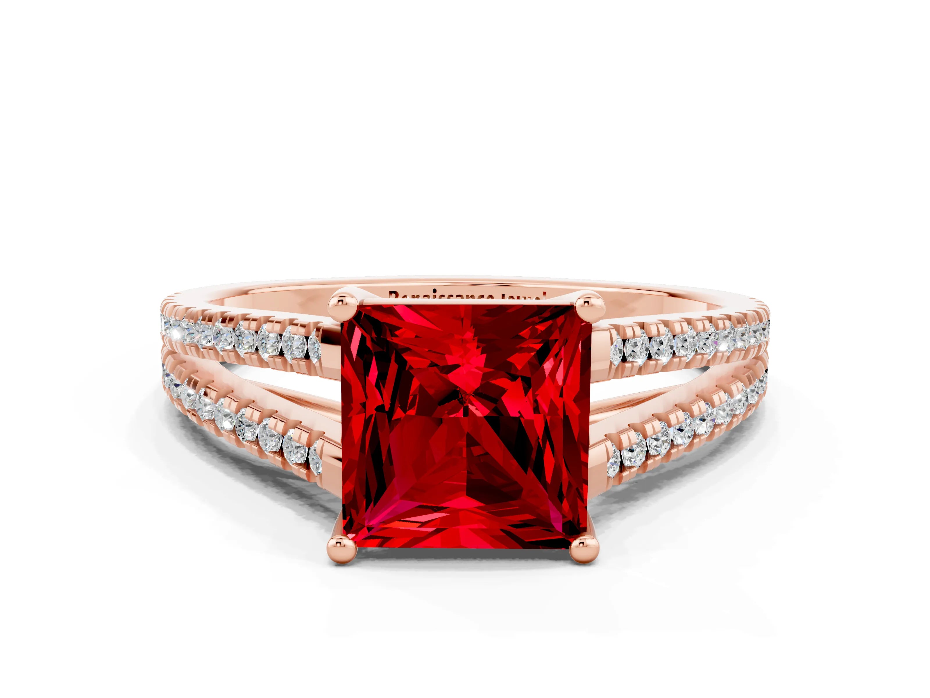 Rose gold Princess Cut Ruby Solitaire Engagement Ring with Split Shank Pavé Band