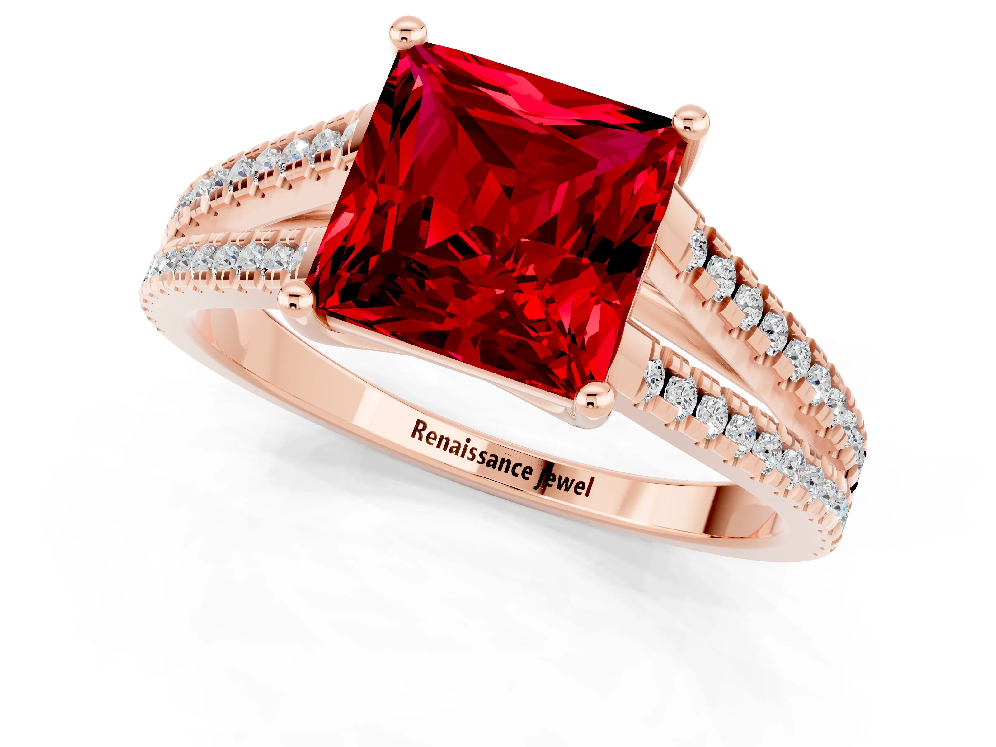 Rose gold Princess Cut Ruby Solitaire Engagement Ring with Split Shank Pavé Band_1