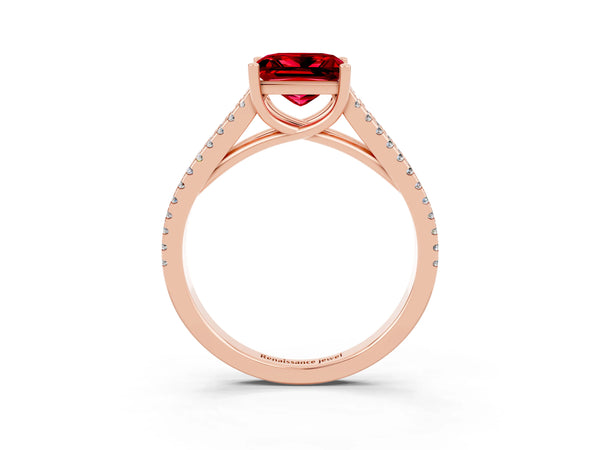 Rose gold Princess Cut Ruby Solitaire Engagement Ring with Split Shank Pavé Band