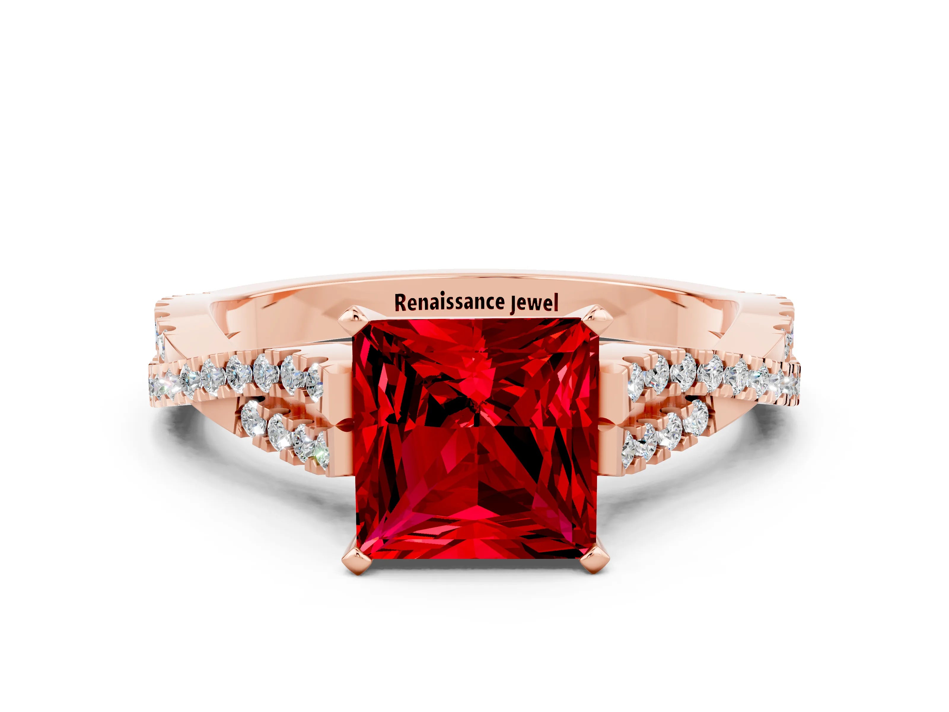 Rose gold Princess Cut Ruby Solitaire Engagement Ring with Twisted Pavé Band and Four-Prong Setting_12