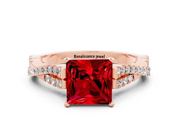 Rose gold Princess Cut Ruby Solitaire Engagement Ring with Twisted Pavé Band and Four-Prong Setting