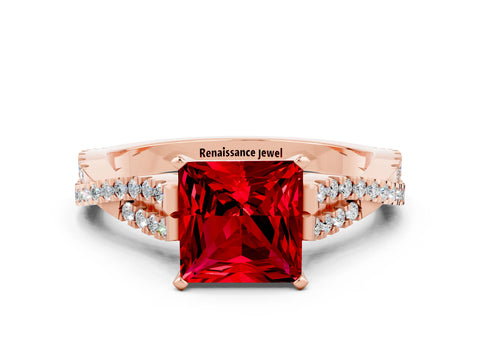 Rose gold Princess Cut Ruby Solitaire Engagement Ring with Twisted Pavé Band and Four-Prong Setting_12