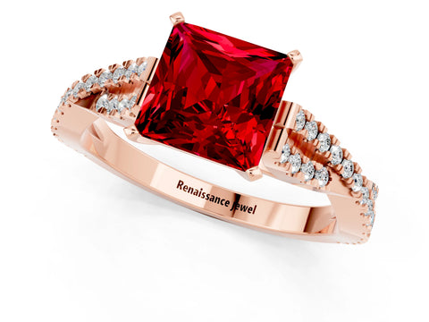 Rose gold Princess Cut Ruby Solitaire Engagement Ring with Twisted Pavé Band and Four-Prong Setting_13