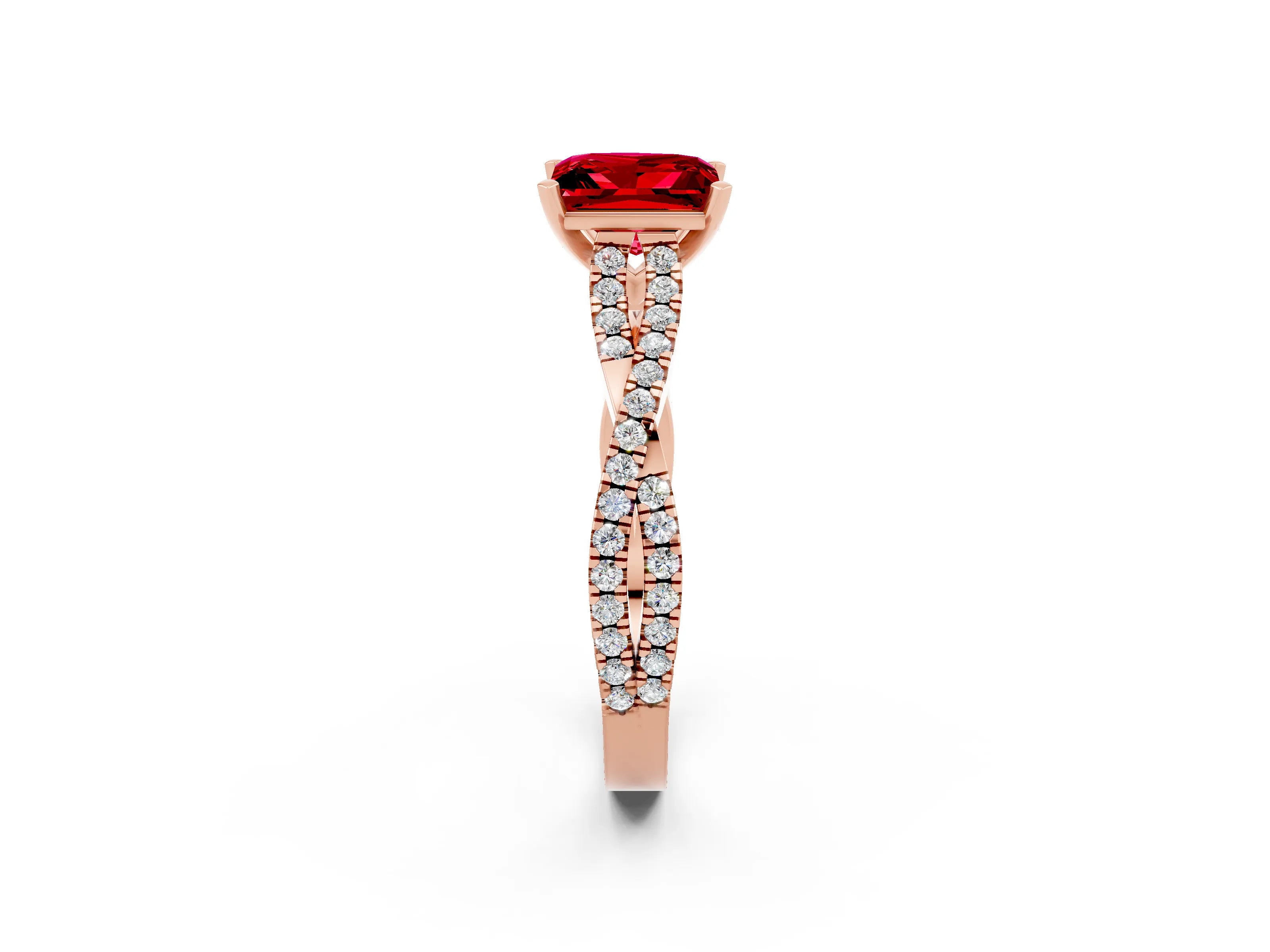 Rose gold Princess Cut Ruby Solitaire Engagement Ring with Twisted Pavé Band and Four-Prong Setting_14
