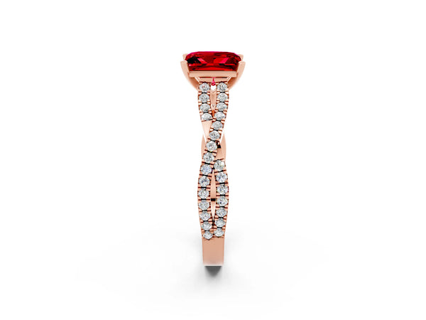 Rose gold Princess Cut Ruby Solitaire Engagement Ring with Twisted Pavé Band and Four-Prong Setting