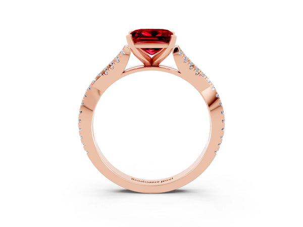 Rose gold Princess Cut Ruby Solitaire Engagement Ring with Twisted Pavé Band and Four-Prong Setting