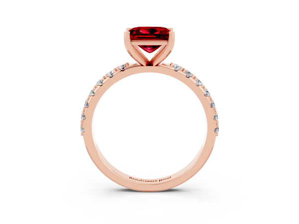 Rose gold Princess Cut Ruby Solitaire Pavé Band with Four-Prong Setting