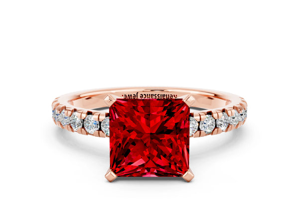 Rose gold Princess Cut Ruby Solitaire Pavé Engagement Ring with Round Band and Prong Setting