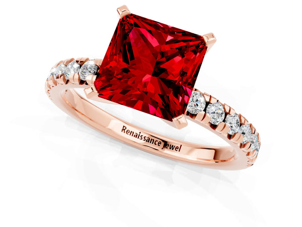 Rose gold Princess Cut Ruby Solitaire Pavé Engagement Ring with Round Band and Prong Setting