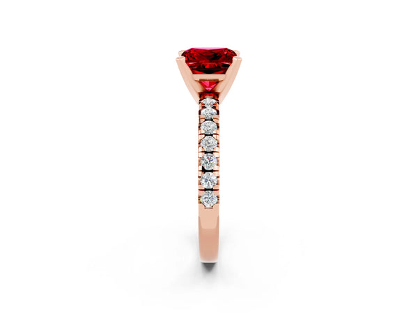 Rose gold Princess Cut Ruby Solitaire Pavé Engagement Ring with Round Band and Prong Setting
