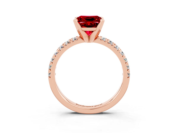 Rose gold Princess Cut Ruby Solitaire Pavé Engagement Ring with Round Band and Prong Setting