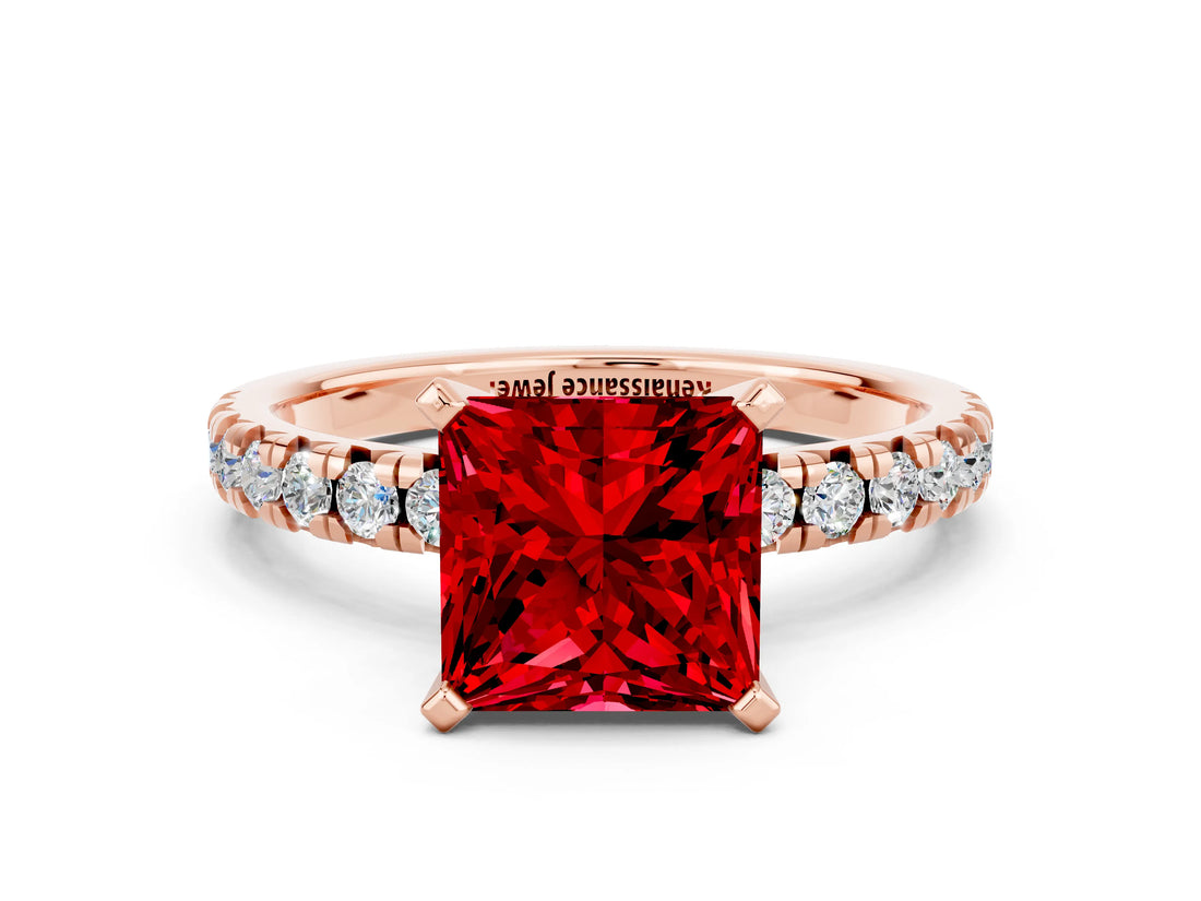 Rose gold Princess Cut Ruby Solitaire Pavé Engagement Ring with Round Band and Prong Setting_66