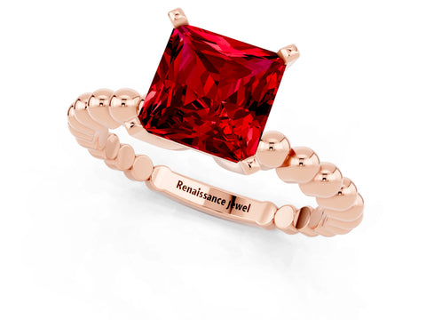 Rose gold Princess Cut Ruby Solitaire Ring with Beaded Band and Prong Setting_1