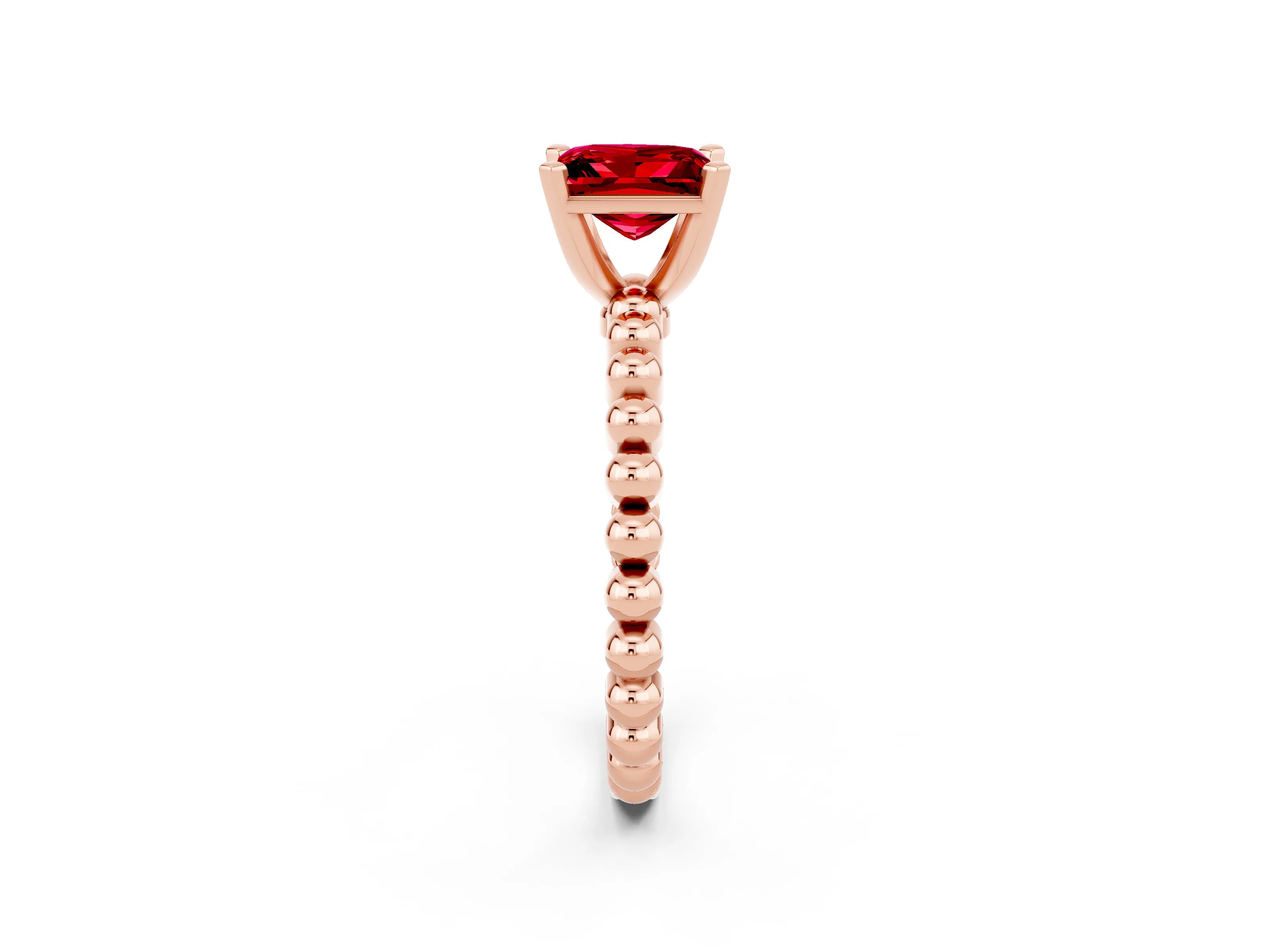 Rose gold Princess Cut Ruby Solitaire Ring with Beaded Band and Prong Setting_2