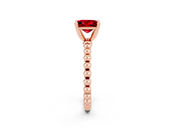 Rose gold Princess Cut Ruby Solitaire Ring with Beaded Band and Prong Setting