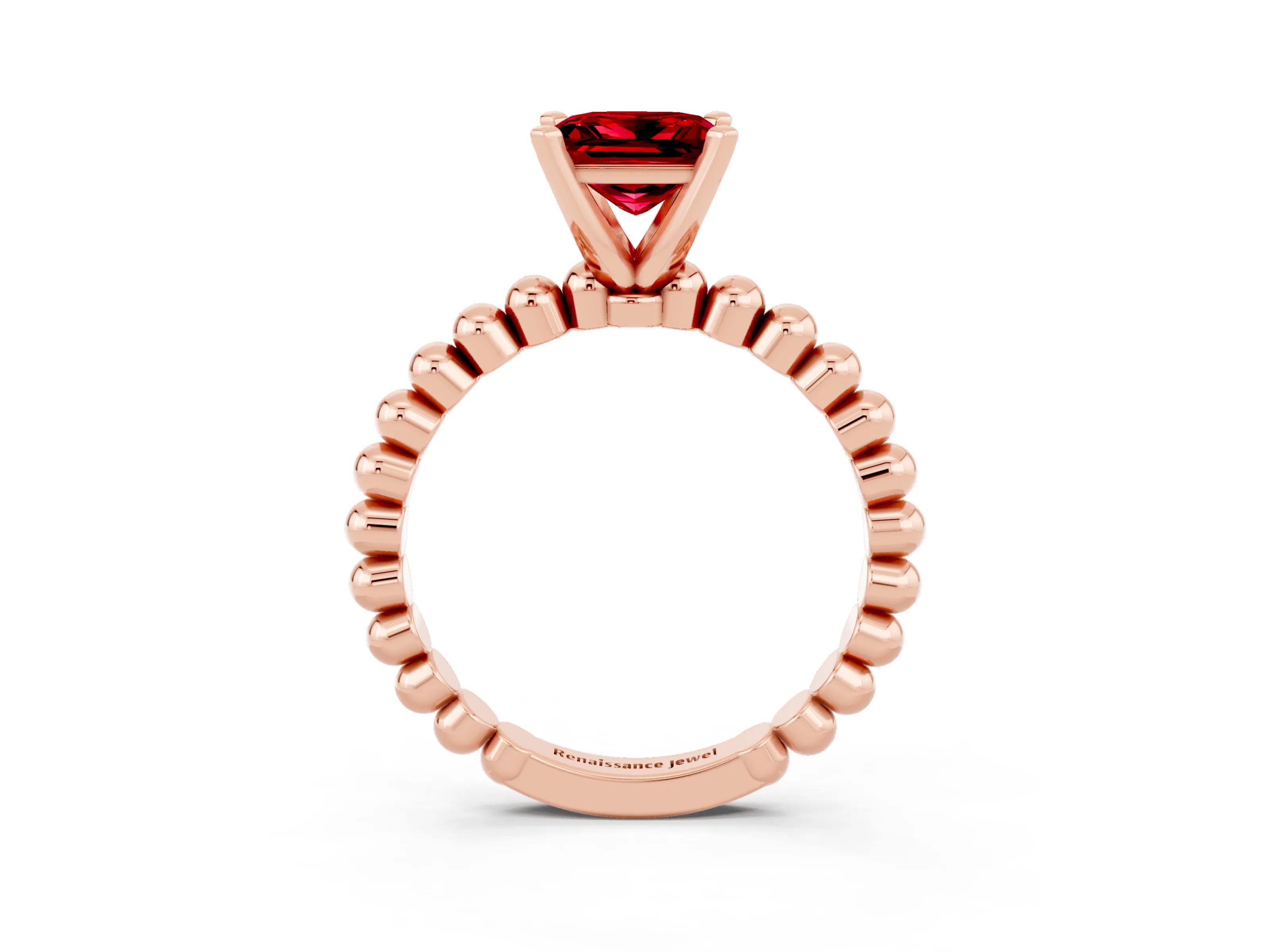 Rose gold Princess Cut Ruby Solitaire Ring with Beaded Band and Prong Setting_3