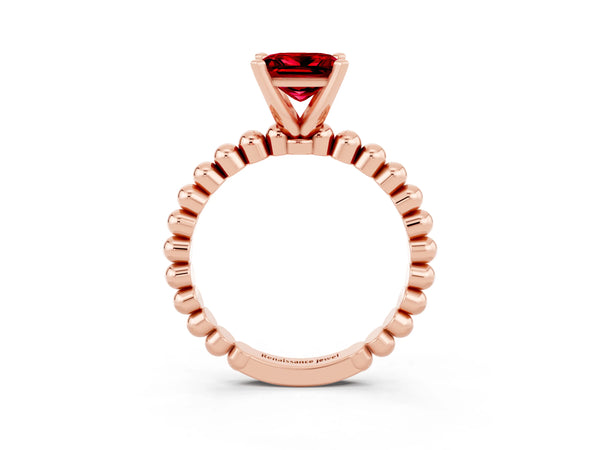 Rose gold Princess Cut Ruby Solitaire Ring with Beaded Band and Prong Setting