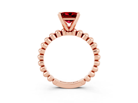 Rose gold Princess Cut Ruby Solitaire Ring with Beaded Band and Prong Setting_3