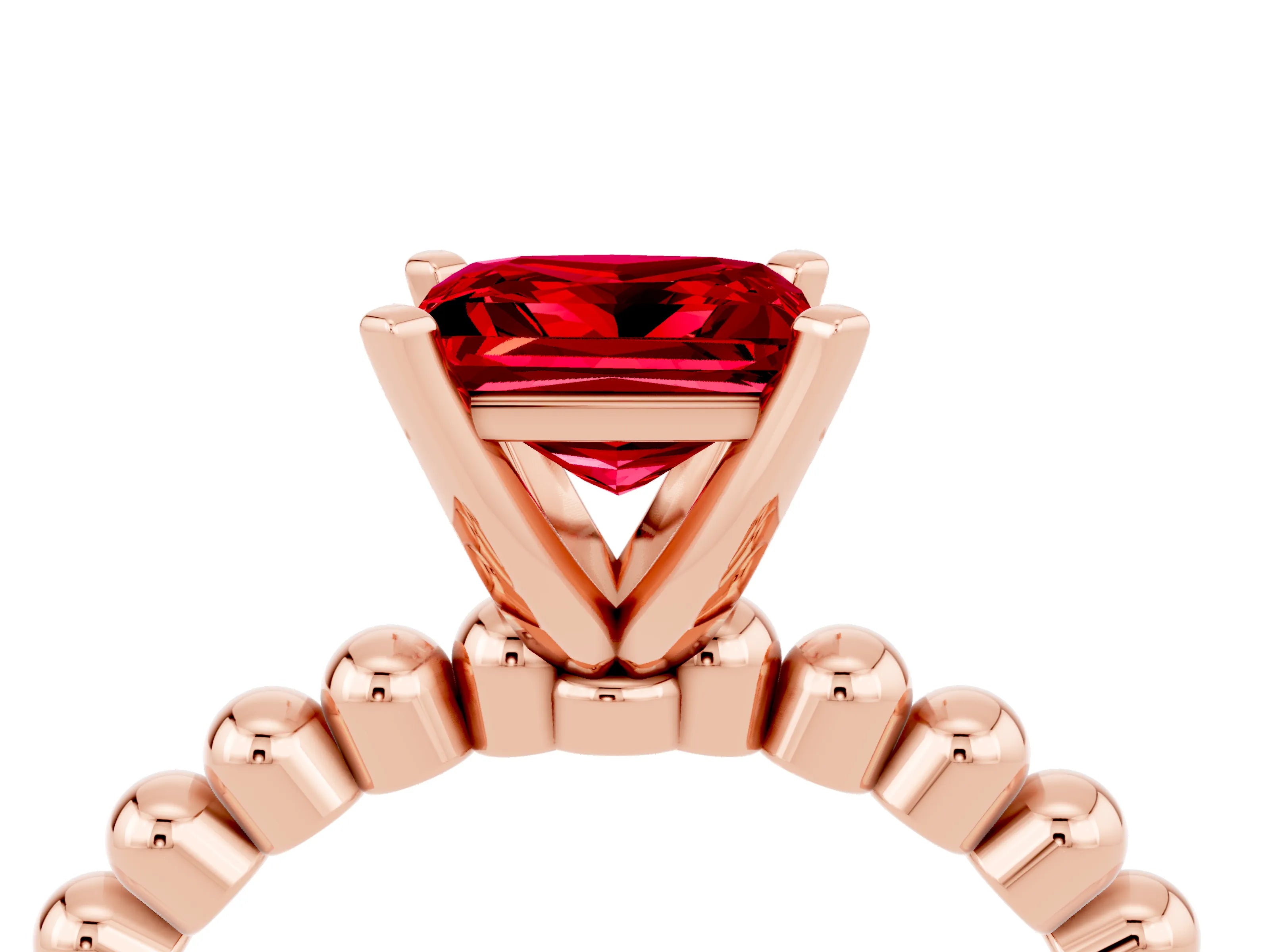 Rose gold Princess Cut Ruby Solitaire Ring with Beaded Band and Prong Setting_4