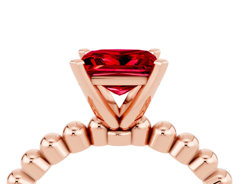 Rose gold Princess Cut Ruby Solitaire Ring with Beaded Band and Prong Setting_4
