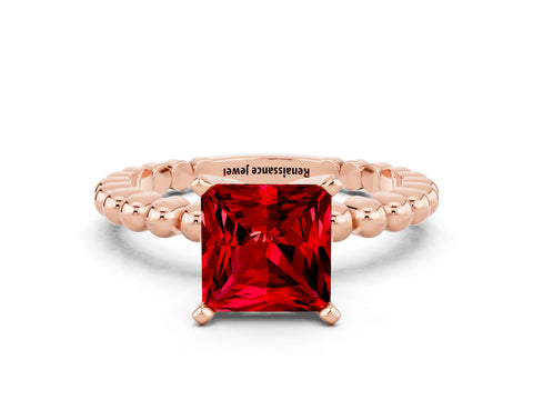 Rose gold Princess Cut Ruby Solitaire Ring with Beaded Band and Prong Setting