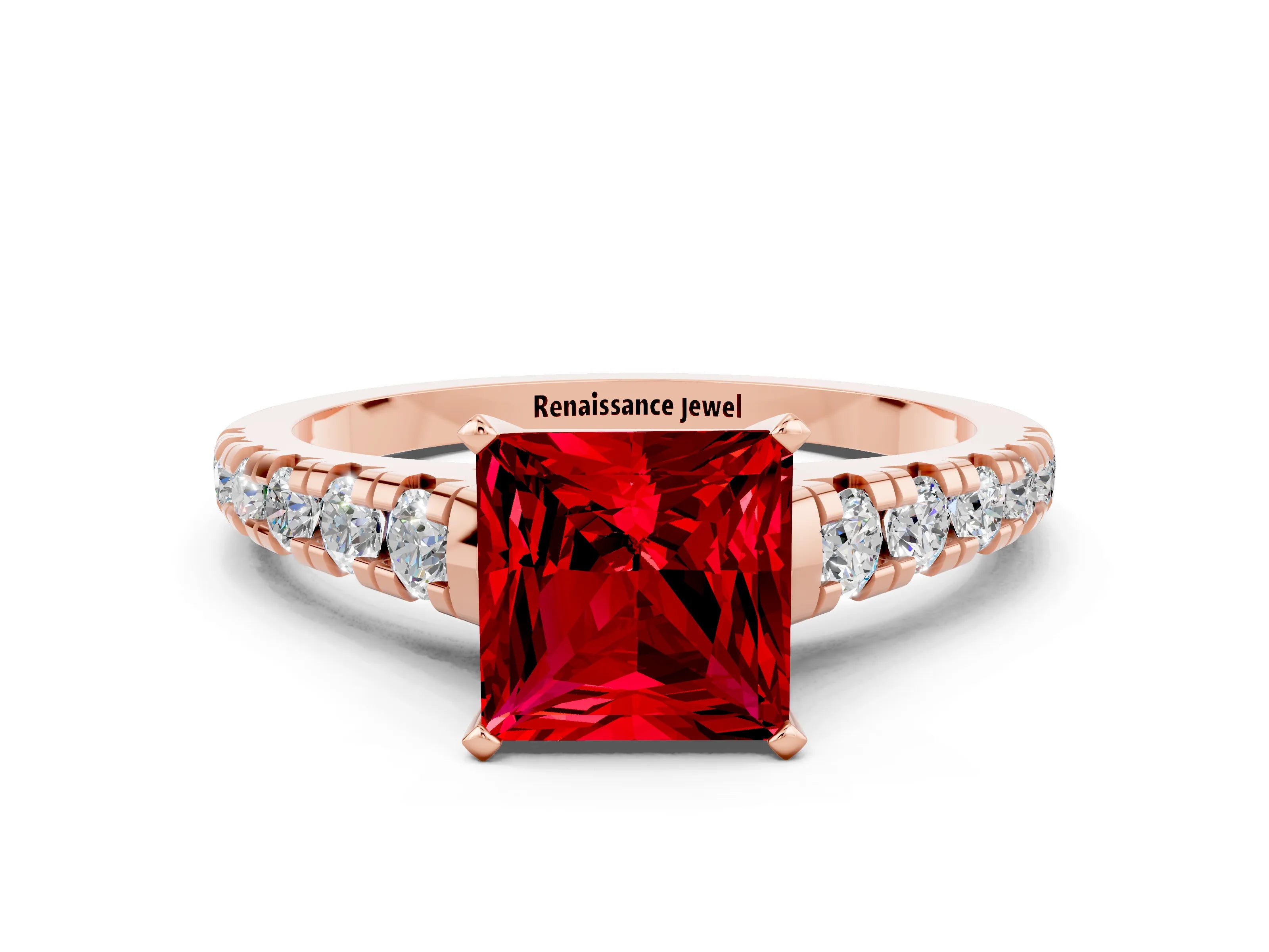 Rose gold Princess Cut Ruby Solitaire Ring with Cathedral Setting and Pavé Band