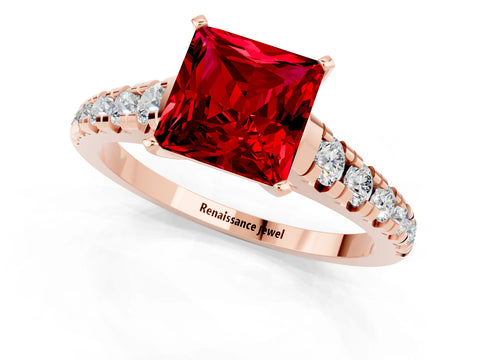 Rose gold Princess Cut Ruby Solitaire Ring with Cathedral Setting and Pavé Band_1