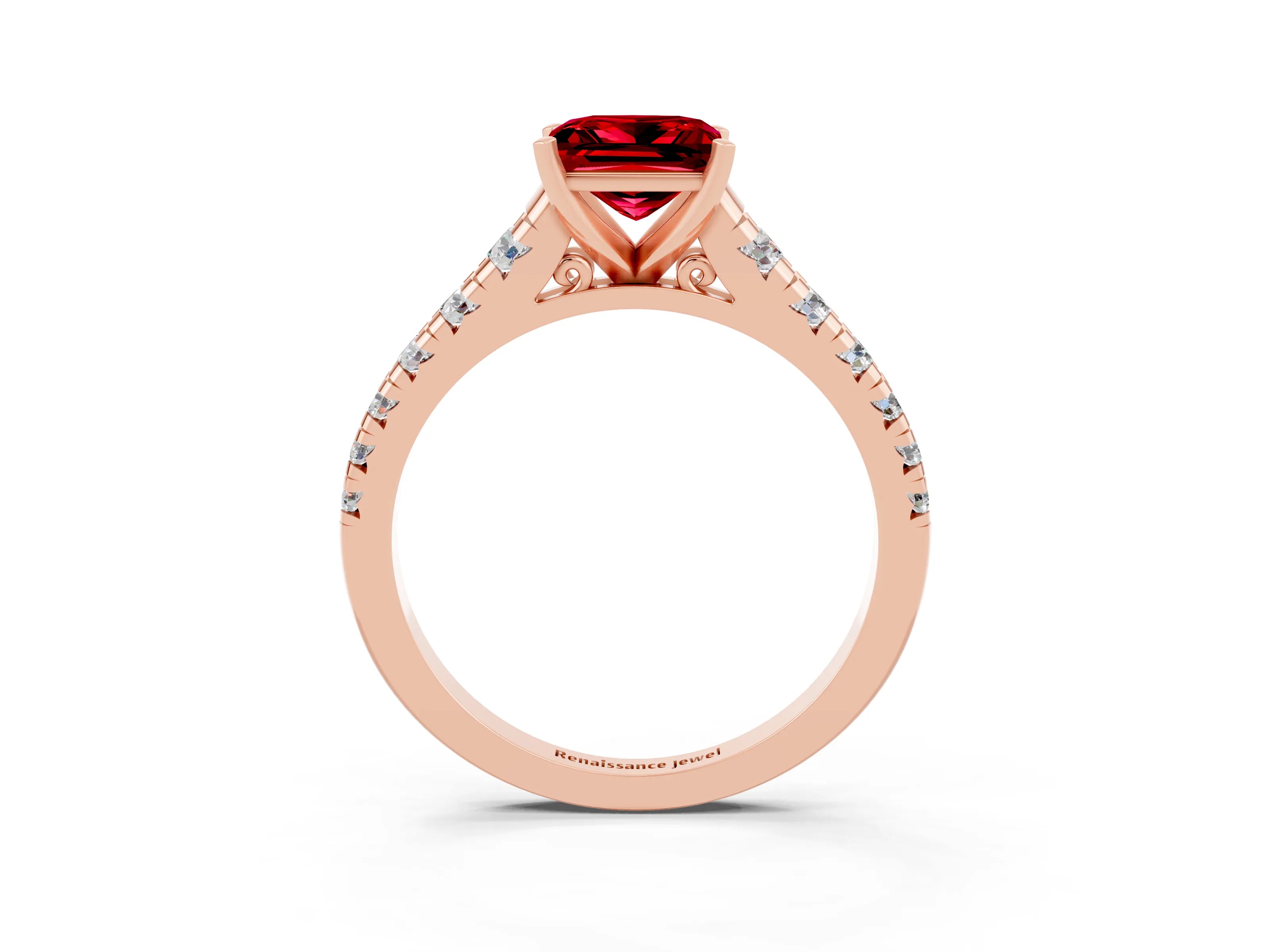 Rose gold Princess Cut Ruby Solitaire Ring with Cathedral Setting and Pavé Band_3