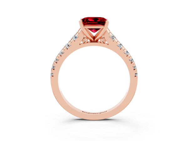 Rose gold Princess Cut Ruby Cathedral Solitaire Ring with Round  Pavé Band