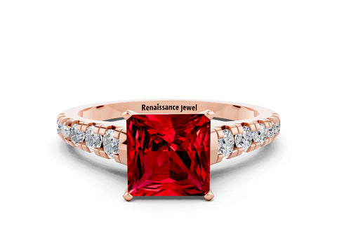 Rose gold Princess Cut Ruby Solitaire Ring with Cathedral Setting and Pavé Band