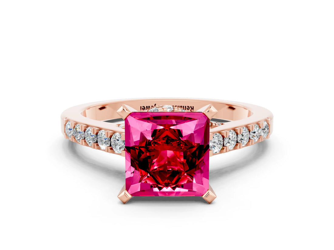 Rose gold Princess Cut Ruby Solitaire Ring with Crossover Gallery and Round  Pavé Band_12