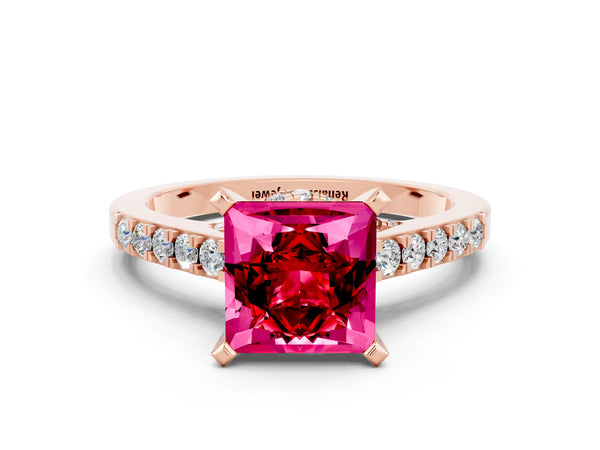 Rose gold Princess Cut Ruby Solitaire Ring with Crossover Gallery and Round  Pavé Band