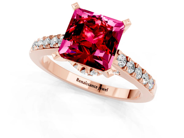 Rose gold Princess Cut Ruby Solitaire Ring with Crossover Gallery and Round  Pavé Band