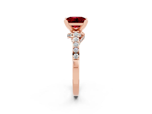 Rose gold Princess Cut Ruby Solitaire Ring with Crossover Gallery and Round  Pavé Band