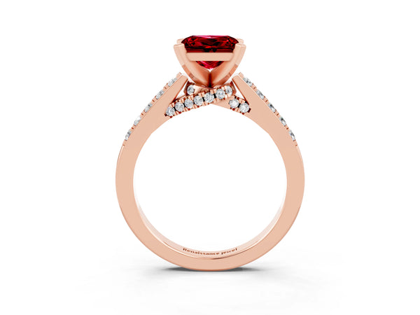 Rose gold Princess Cut Ruby Solitaire Ring with Crossover Gallery and Round  Pavé Band