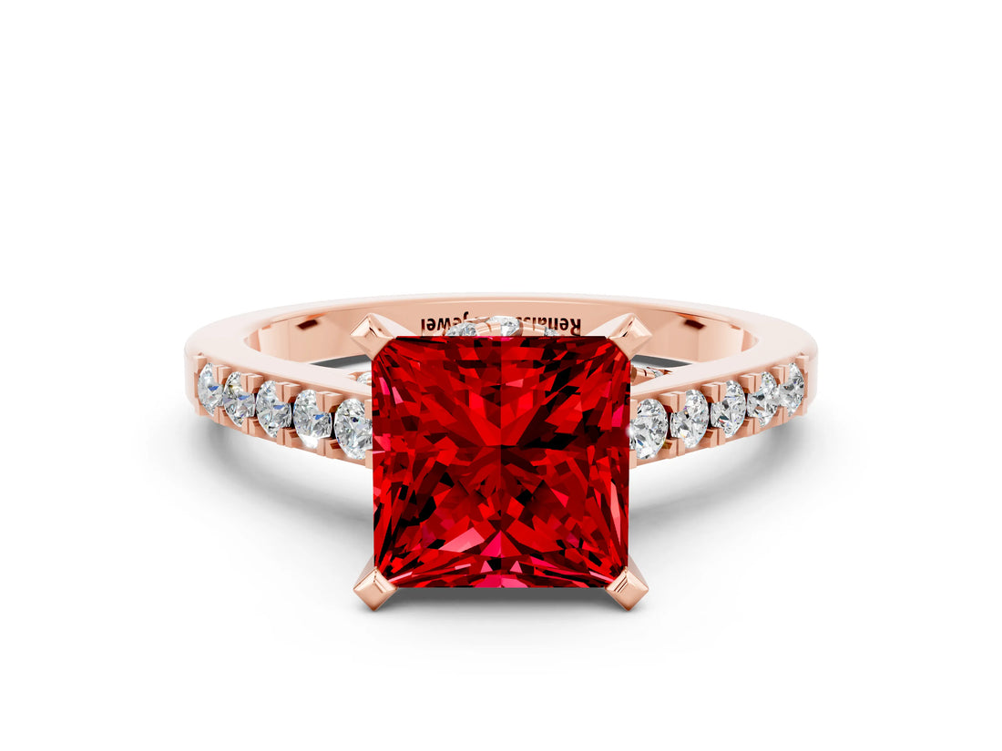 Rose gold Princess Cut Ruby Solitaire Ring with Crossover Gallery and Round  Pavé Band_36