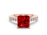 Rose gold Princess Cut Ruby Solitaire Ring with Crossover Gallery and Round  Pavé Band_36