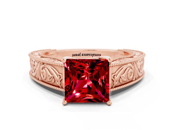 Rose gold Princess Cut Ruby Solitaire Ring with Engraved Band and Four-Prong Setting