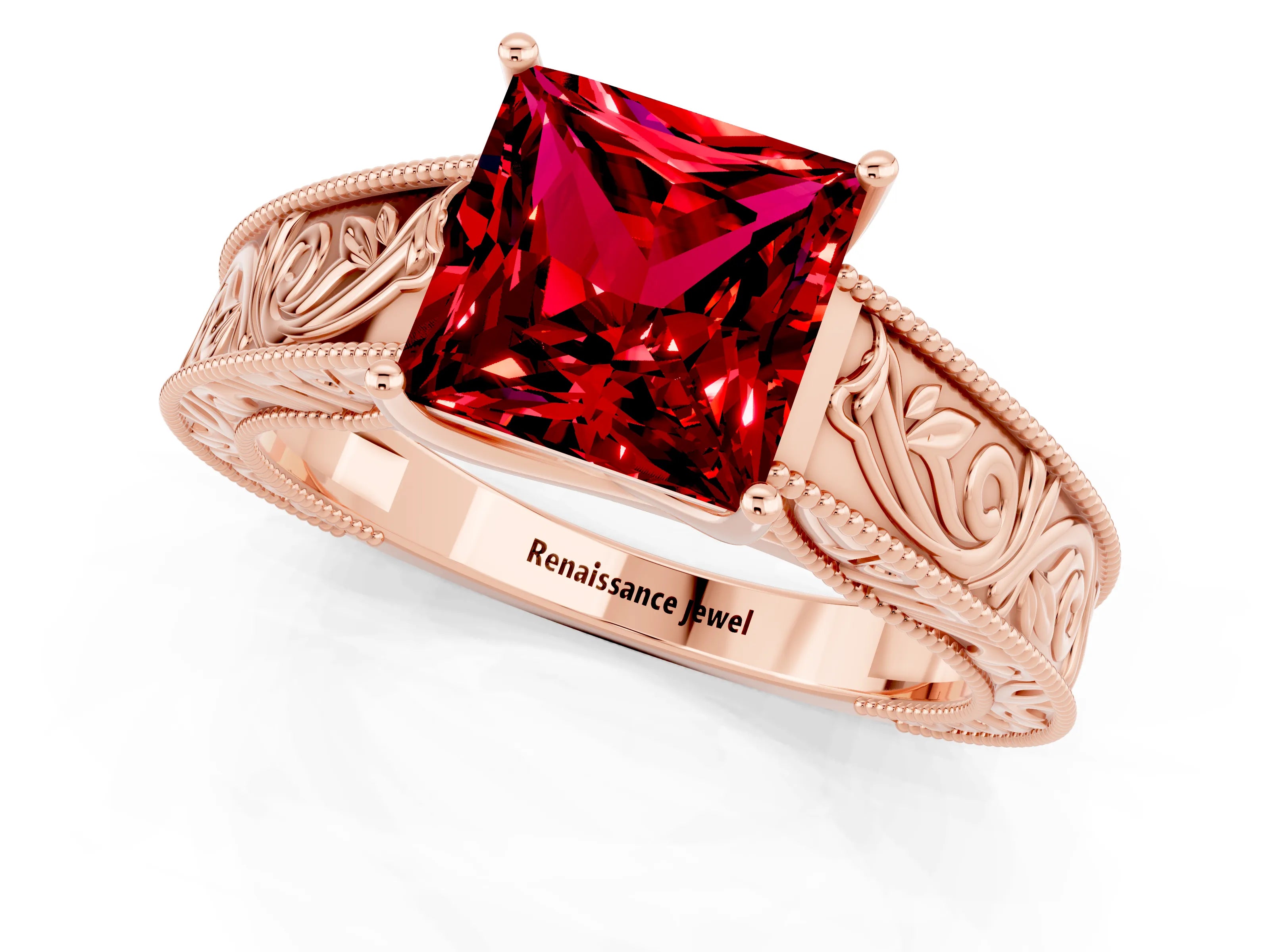 Rose gold Princess Cut Ruby Solitaire Ring with Engraved Band and Four-Prong Setting_1