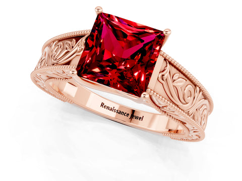 Rose gold Princess Cut Ruby Solitaire Ring with Engraved Band and Four-Prong Setting_1