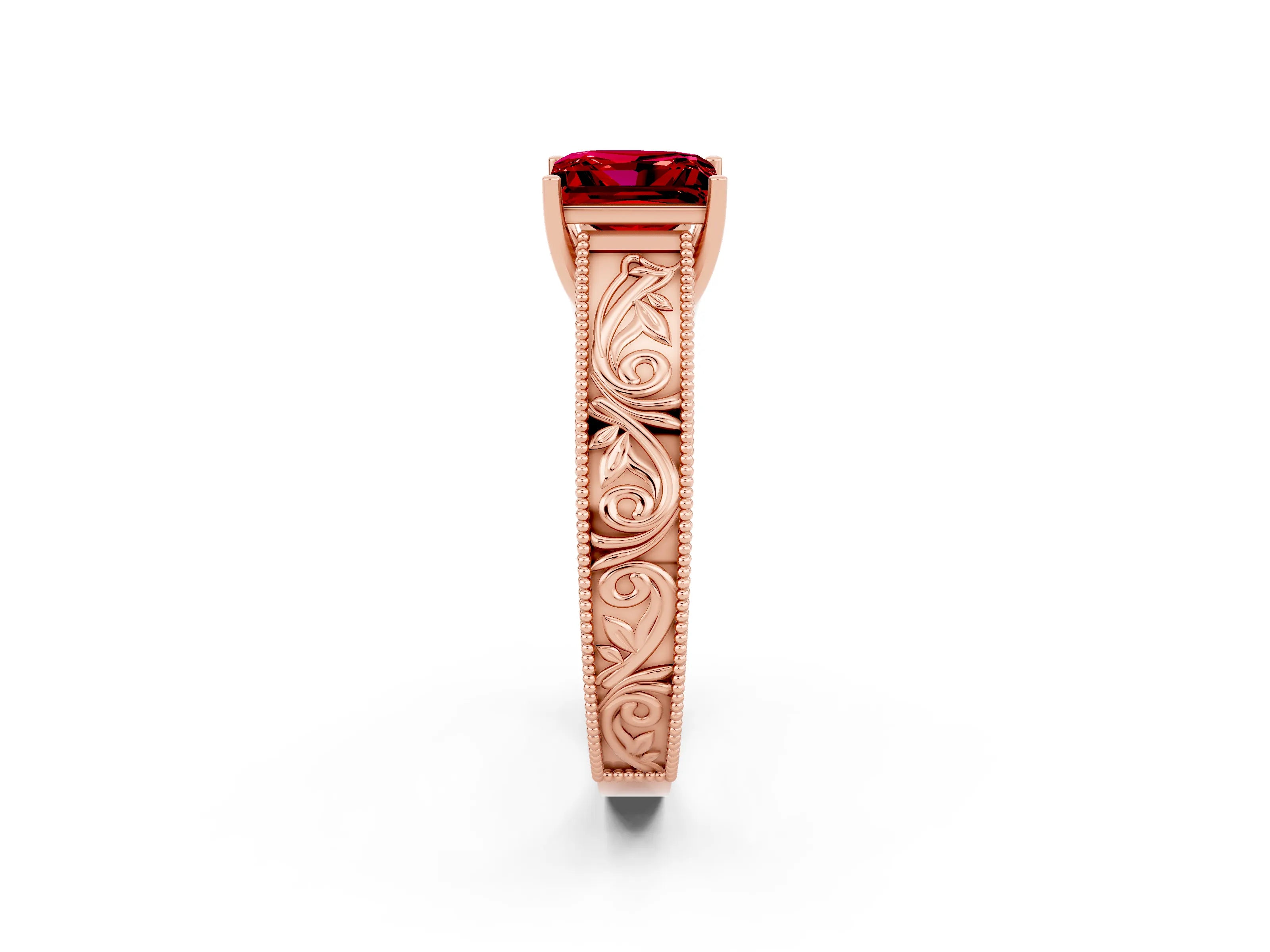 Rose gold Princess Cut Ruby Solitaire Ring with Engraved Band and Four-Prong Setting_2