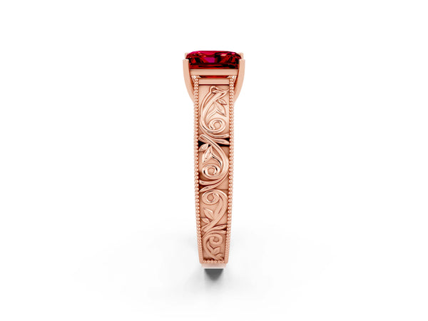 Rose gold Princess Cut Ruby Solitaire Ring with Engraved Band and Four-Prong Setting