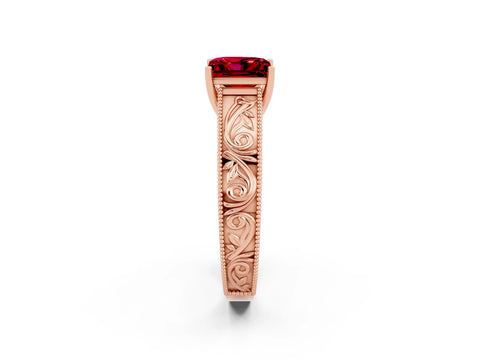 Rose gold Princess Cut Ruby Solitaire Ring with Engraved Band and Four-Prong Setting_2